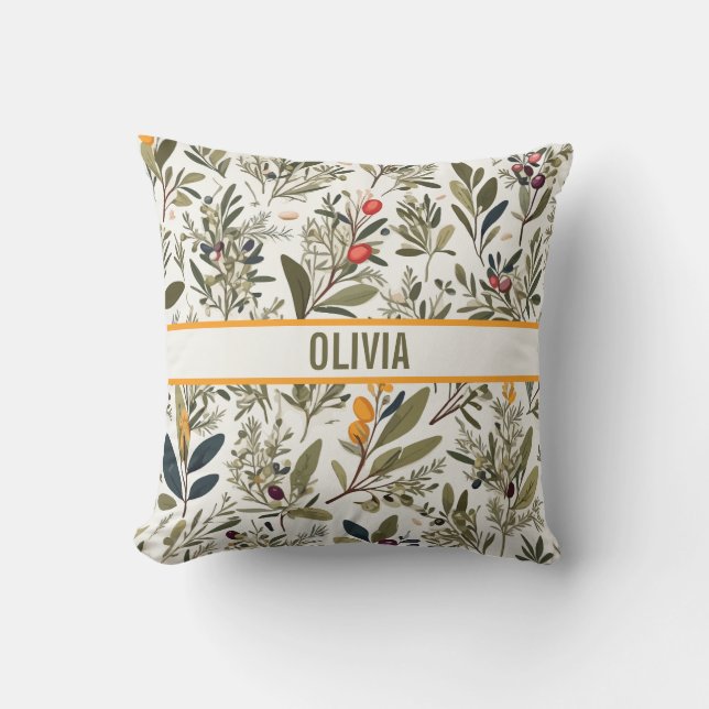 Botanical Olive and Herbs Minimal Elegant Throw Pillow (Front)