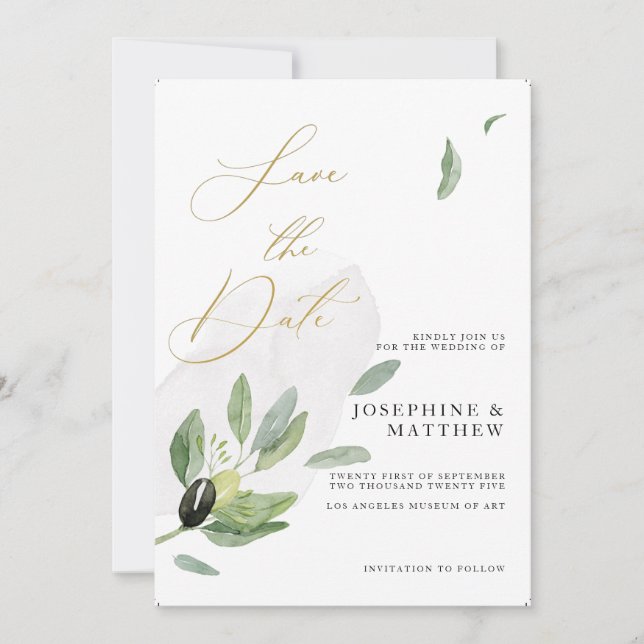 Botanical Olive Branch Elegant Calligraphy  Save The Date (Front)
