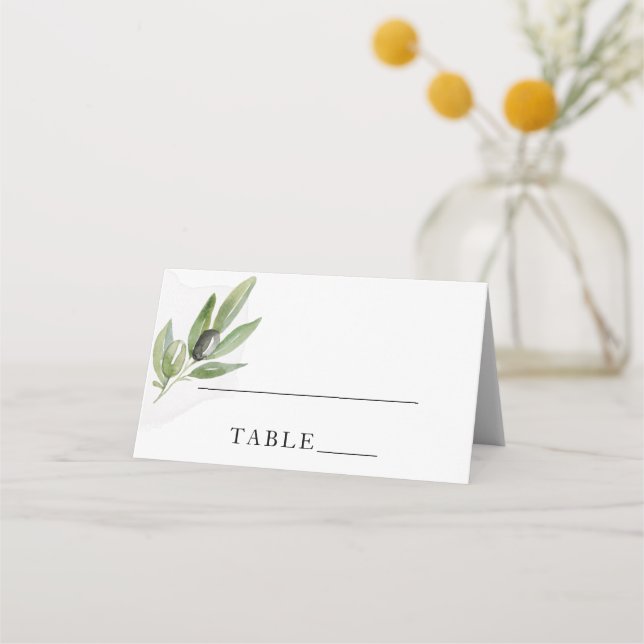 Botanical Olive Branch Elegant Calligraphy Wedding Place Card (Front)