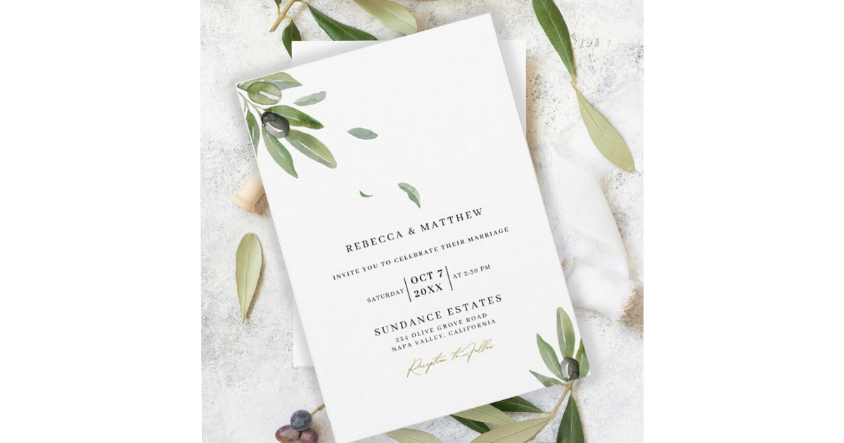 Botanical Olive Branch Elegant Monogram Wedding Invitation