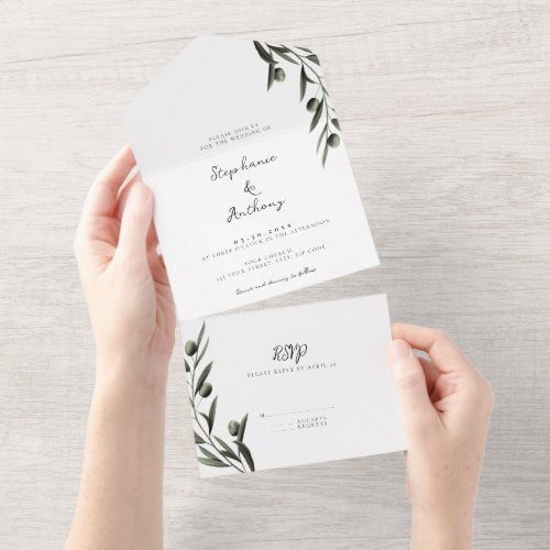 Botanical Olive Branch Leaves Italian Wedding  All In One Invitation