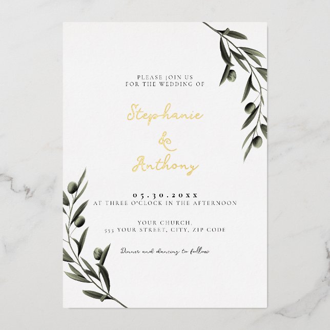 Botanical Olive Branch Leaves Italian Wedding  Foil Invitation (Front)