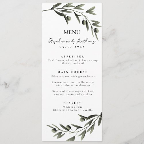 Botanical Olive Branch Leaves Italian Wedding   Menu