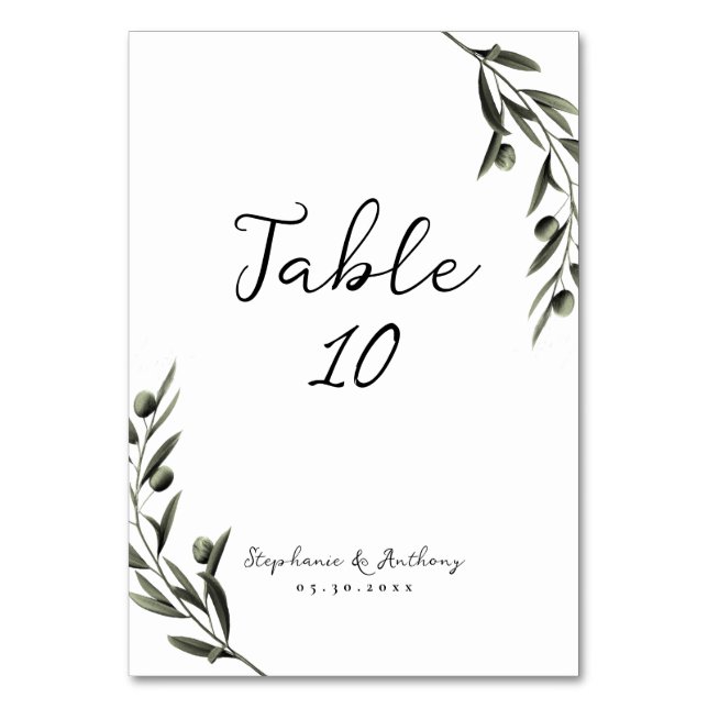 Botanical Olive Branch Leaves Italian Wedding   Table Number (Front)