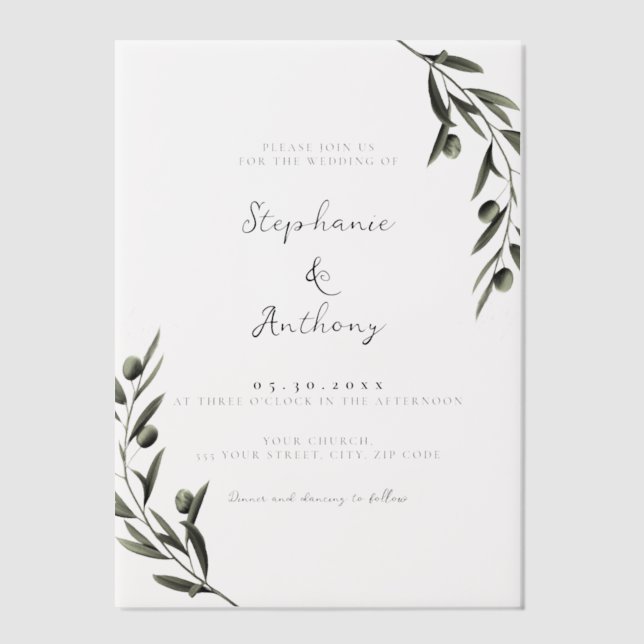Botanical Olive Branch Leaves Italian Wedding Vellum Invitations (Front)