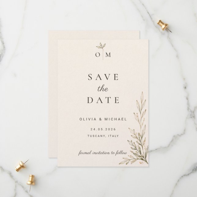 Botanical Olive Branch Save the Date Card  (Front/Back In Situ)