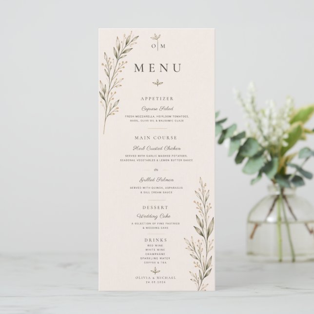 Botanical Olive Branch Wedding Menu Card  (Standing Front)