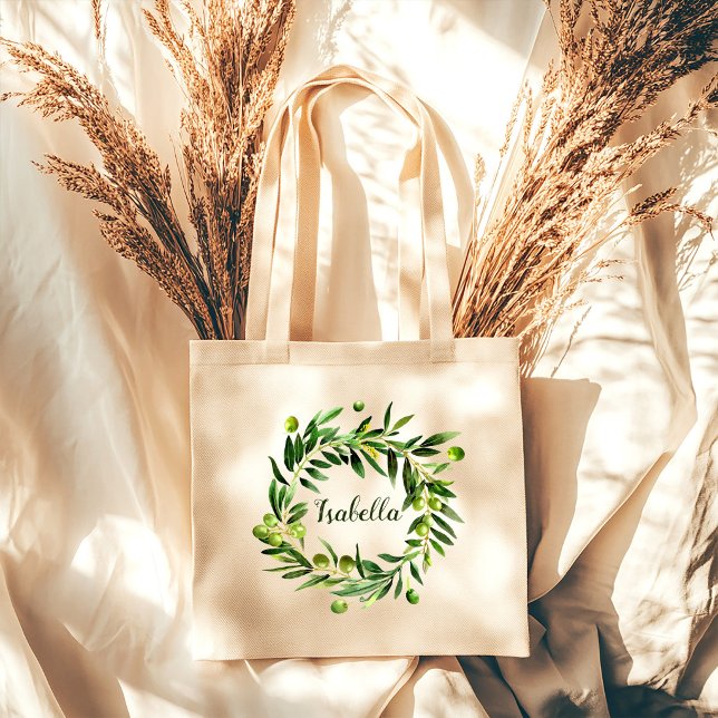 Botanical Olive Floral Greenery Initial Bridesmaid Tote Bag (Creator Uploaded)