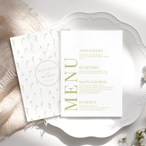 Botanical Olive Green Floral Wedding Menu Cards