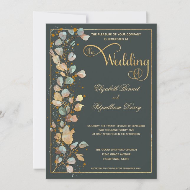 Botanical Olive Green Gold Photo Monogram Wedding  Invitation (Front)