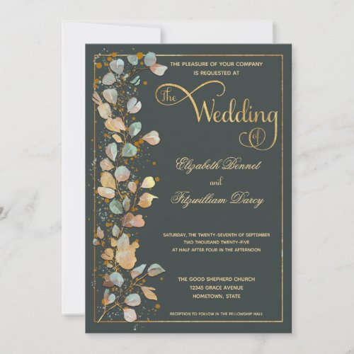 Botanical Olive Green Gold Photo Monogram Wedding  Invitation