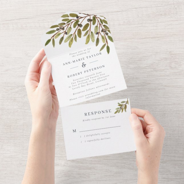 Botanical Olives Rustic Wedding All In One Invitation (Tearaway)