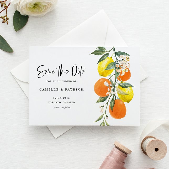 Botanical Orange and Lemon Garland Save the Date Announcement Postcard (Botanical Orange and Lemon Garland Save the Date Announcement Postcard)