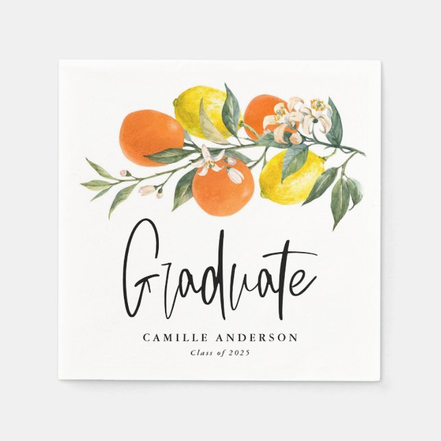 Botanical Orange and Lemon Graduation Party Napkins (Front)