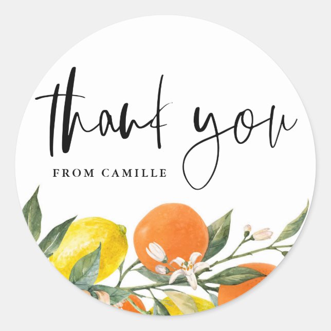 Botanical Orange and Lemon Graduation Thank You Classic Round Sticker (Front)