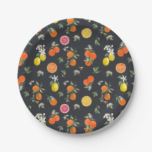 Botanical Orange and Lemon Pattern Dark Paper Plates
