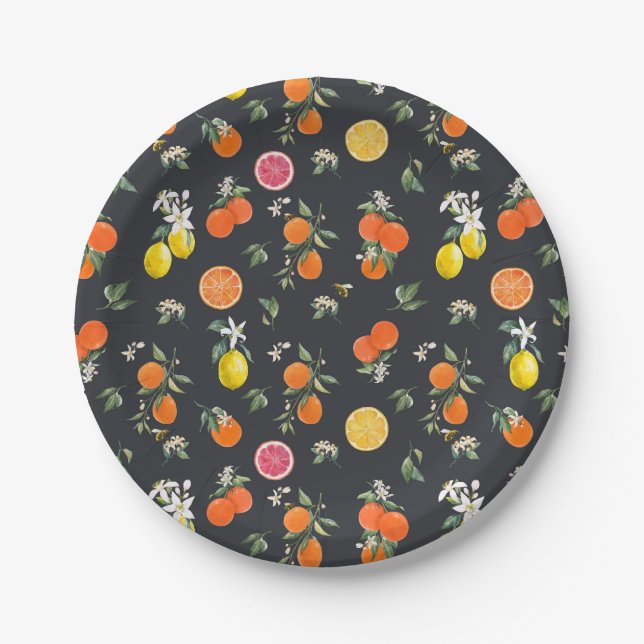Botanical Orange and Lemon Pattern Dark Paper Plates (Front)