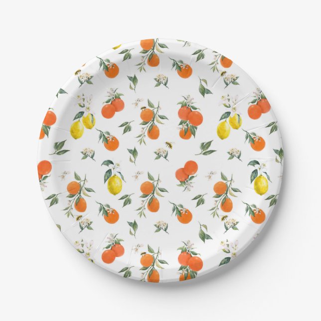 Botanical Orange and Lemon Pattern White Paper Plates (Front)