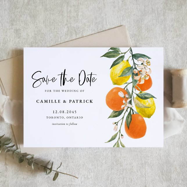Botanical Orange and Lemon QR Code Save the Date Announcement Postcard (Botanical Orange and Lemon QR Code Save the Date Announcement Postcard)