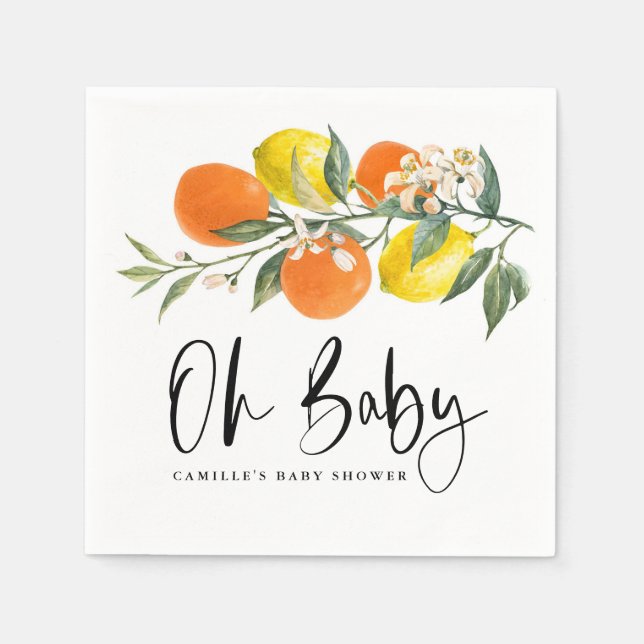 Botanical Orange and Lemon Summer Baby Shower Napkins (Front)