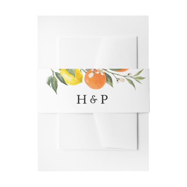 Botanical Orange and Lemon Wedding Monogram Invitation Belly Band (Front Example)
