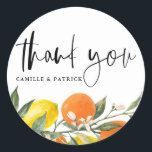Botanical Orange and Lemon Wedding Thank You Classic Round Sticker<br><div class="desc">Add a fresh, fruity touch to your wedding day with this customizable wedding sticker, featuring a lively watercolor design of lemons and oranges. Perfect for sealing envelopes, decorating favors, or adding a personal flair to your décor, this sticker is a sweet way to make your celebration feel extra special. Personalize...</div>