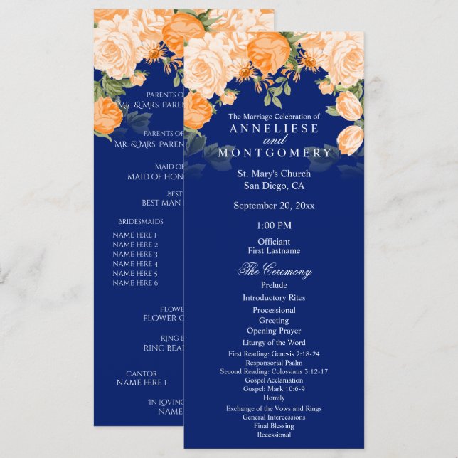 Botanical Orange and Navy Blue Floral - Program (Front/Back)