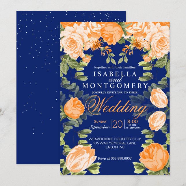Botanical Orange and Navy Blue Floral Wedding Invitation (Front/Back)