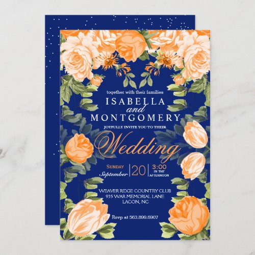 Botanical Orange and Navy Blue Floral Wedding Invitation