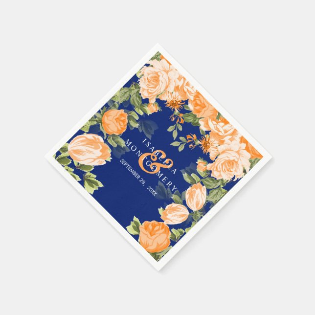 Botanical Orange and Navy Blue Floral Wedding Napkins (Corner)
