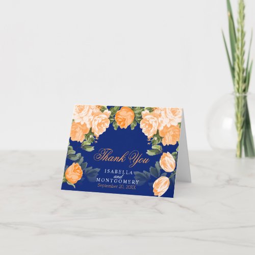 Botanical Orange and Navy Blue Wedding  Thank You Card