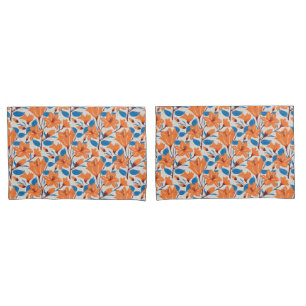 Botanical Orange Blue Lily Floral Pattern Pillow Case
