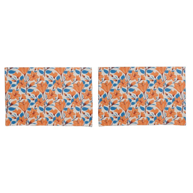 Botanical Orange Blue Lily Floral Pattern   Pillow Case (Front-Set)