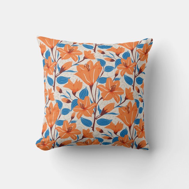 Botanical Orange Blue Lily Floral Pattern   Throw Pillow (Front)