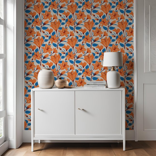 Botanical Orange Blue Lily Floral Pattern   Wallpaper (Creator Uploaded)