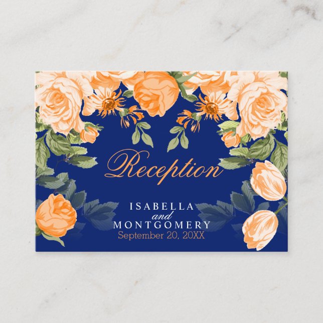 Botanical Orange Floral and Navy Blue - Reception Enclosure Card (Front)