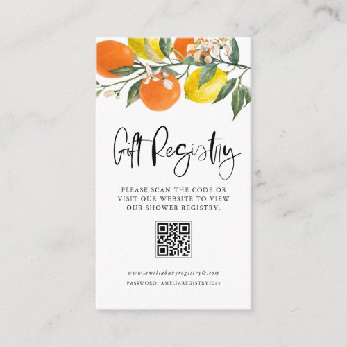 Botanical Orange  Lemon Baby Shower URL Registry Enclosure Card