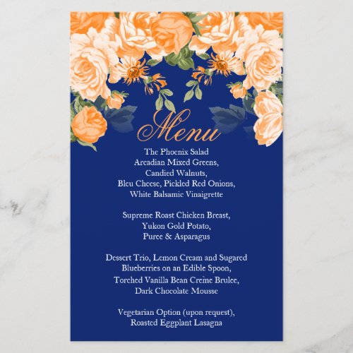 Botanical Orange  Navy Blue Flower Wedding _ Menu