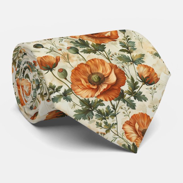Botanical Orange Poppies Pattern Neck Tie (Rolled)
