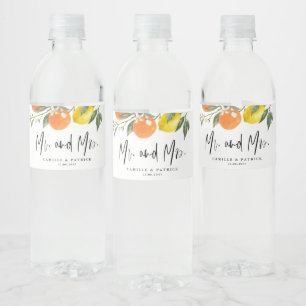 Botanical Oranges and Lemons Mr. and Mrs. Wedding Water Bottle Label