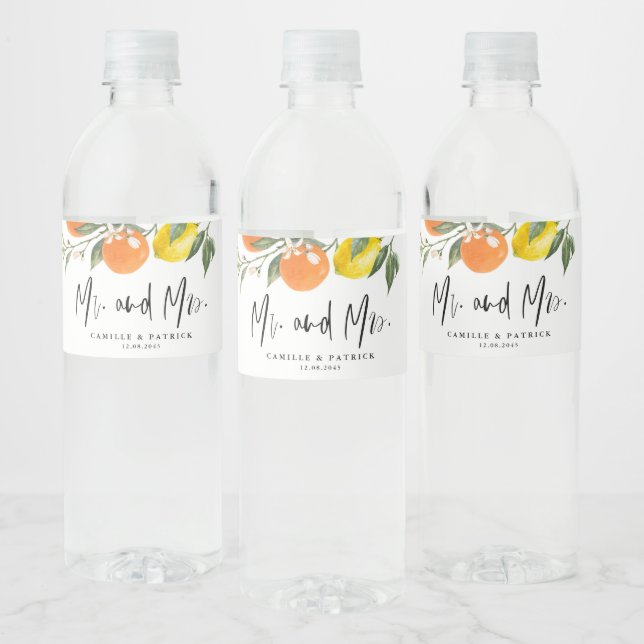 Botanical Oranges and Lemons Mr. and Mrs. Wedding Water Bottle Label (Bottles)