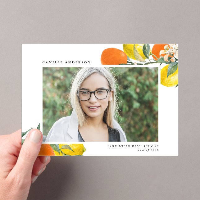 Botanical Oranges and Lemons Photo Graduation Acrylic Invitations (Insitu (Handheld))