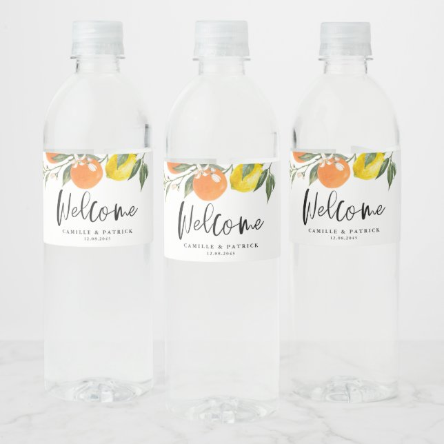 Botanical Oranges and Lemons Wedding Water Bottle Label (Bottles)