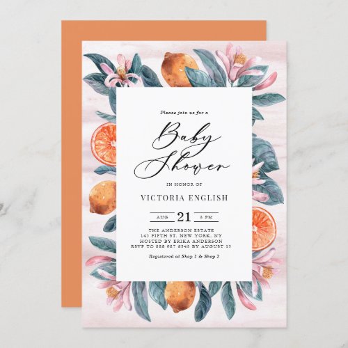 Botanical Oranges and Pink Blossoms Baby Shower Invitation