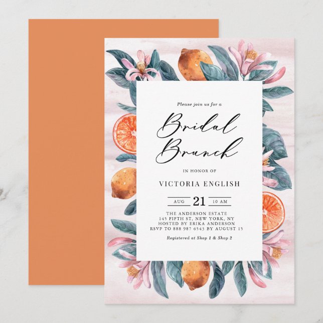 Botanical Oranges and Pink Blossoms Bridal Brunch Invitation (Front/Back)