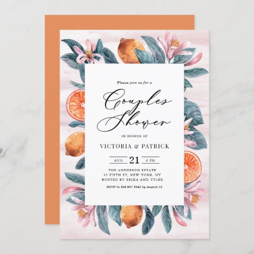 Botanical Oranges and Pink Blossoms Couples Shower Invitation