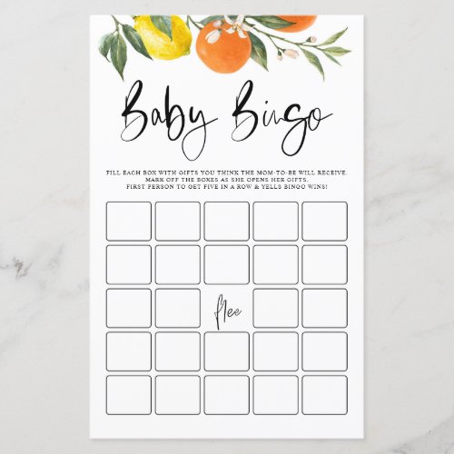 Botanical Oranges  Lemons Baby Shower Bingo Game