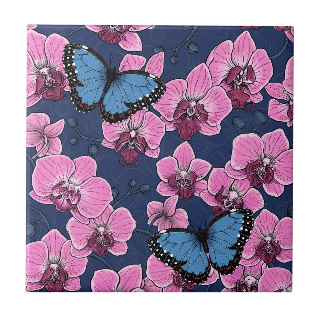 Botanical Orchid Garden with Butterflies Ceramic Tile (Front)
