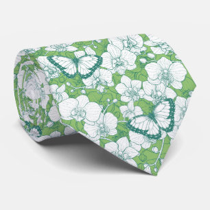 Botanical Orchid Garden with Butterflies in green Neck Tie