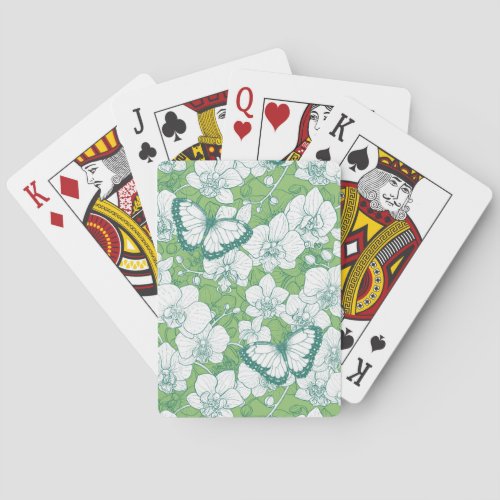 Botanical Orchid Garden with Butterflies in green Poker Cards